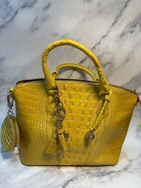Brahmin Yellow Croc-Embossed Satchel with Tassel Charm